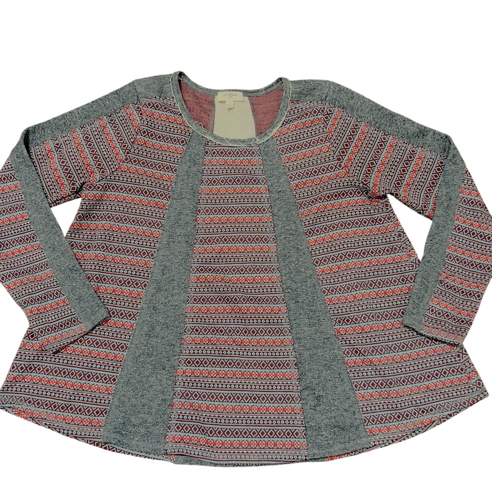 Umgee Mixed Media Top Women Medium Grey Orange Tribal Geometric Knit Excellent